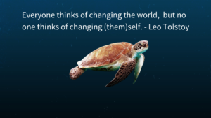 image of turtle in water with quote from Leo Tolstoy "everyone thinks of changing the world, but no one thinks of changing themself."