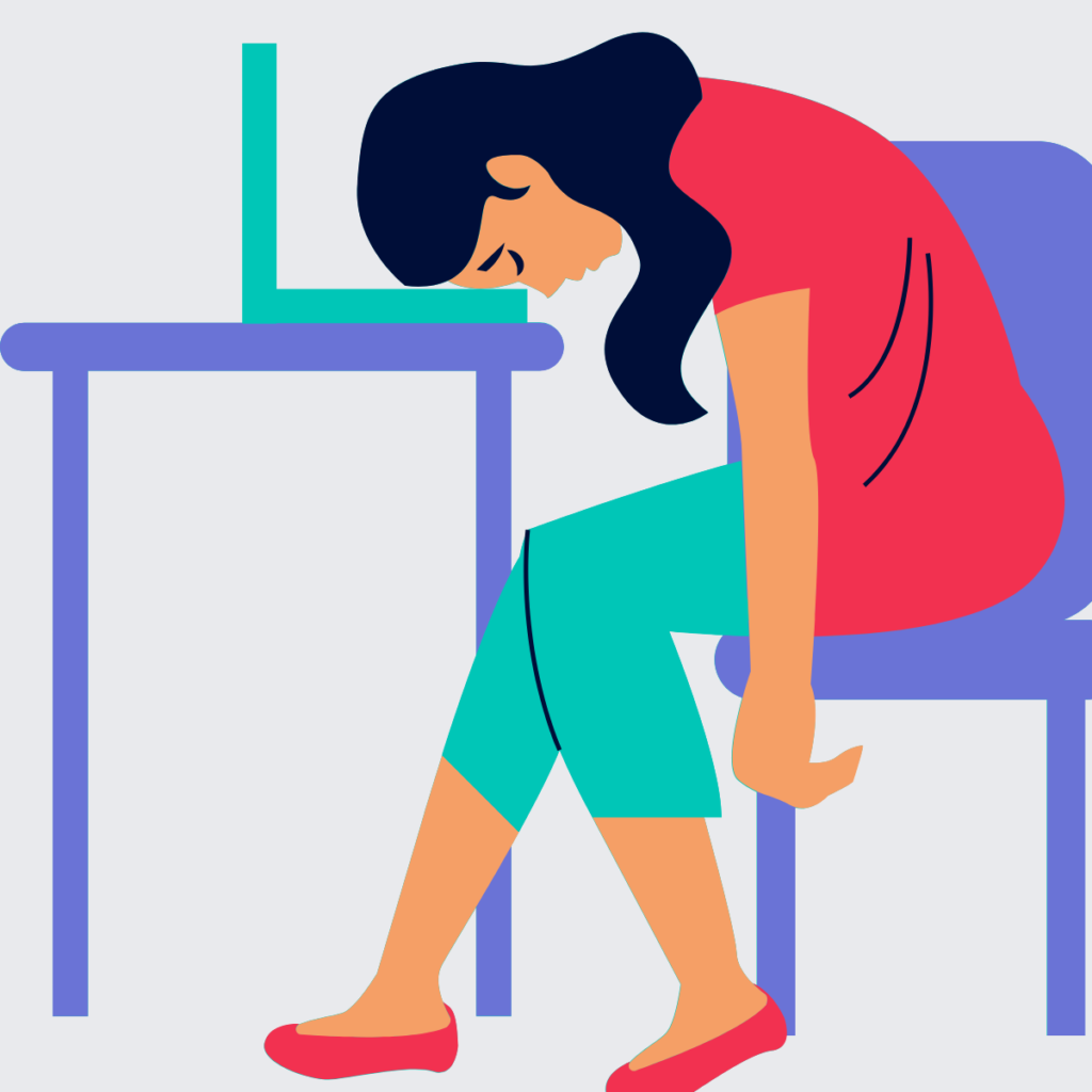 illustrated image of a woman with her head on the laptop looking tired or frustrated.